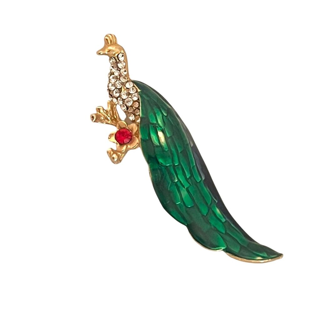 Vintage 1980s Peacock Brooch Green Enamel Rhinestone Gold Tone Pin - 5N